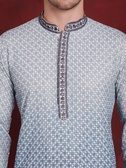 Jompers Men's Sequins Embroidered Kurta with Pyjama - Blue