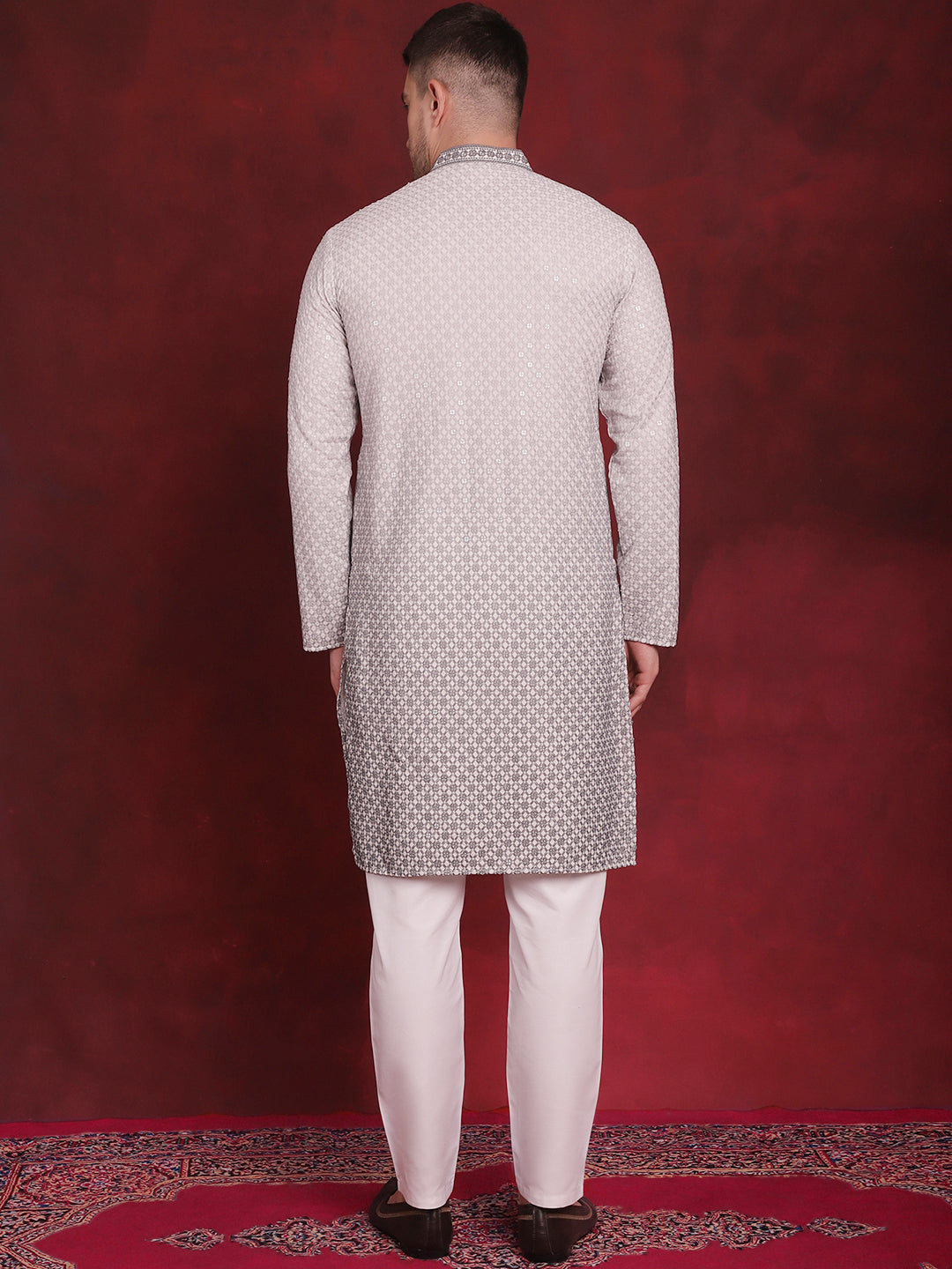 Jompers Men's Sequins Embroidered Kurta with Pyjama - Grey