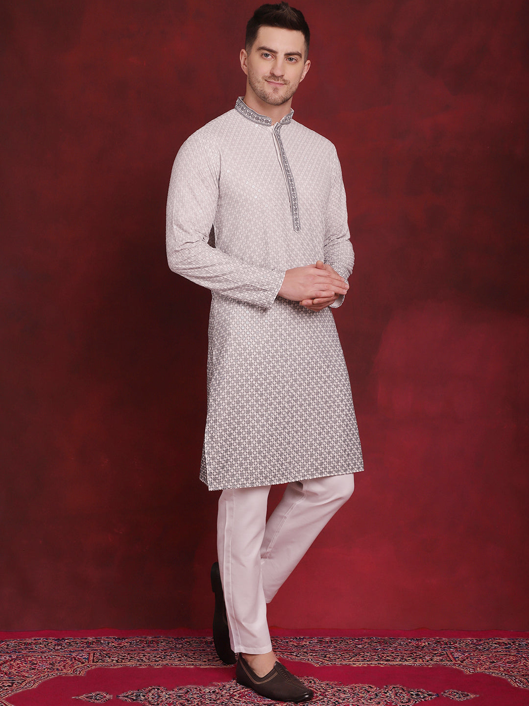Jompers Men's Sequins Embroidered Kurta with Pyjama - Grey