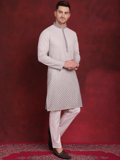 Jompers Men's Sequins Embroidered Kurta with Pyjama - Grey