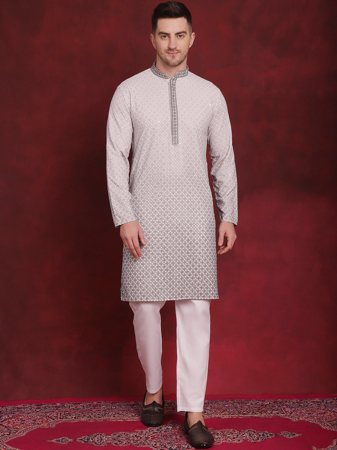 Jompers Men's Sequins Embroidered Kurta with Pyjama - Grey