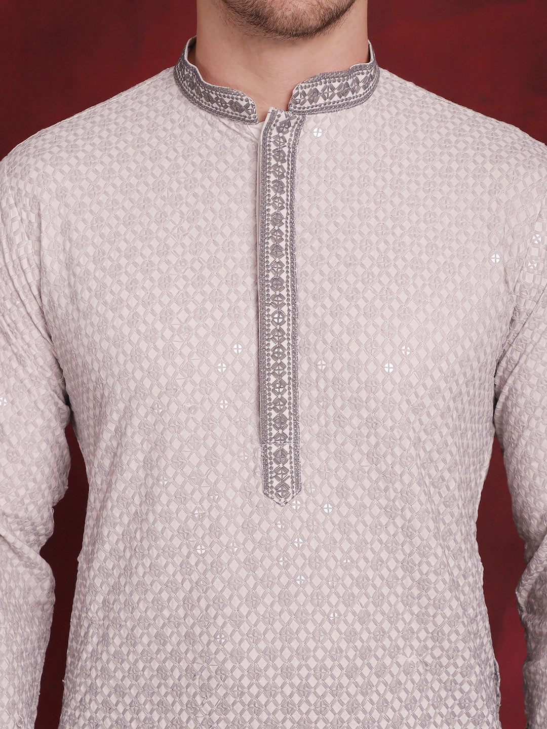 Jompers Men's Sequins Embroidered Kurta with Pyjama - Grey