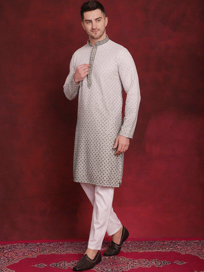 Jompers Men's Sequins Embroidered Kurta with Pyjama - Pista