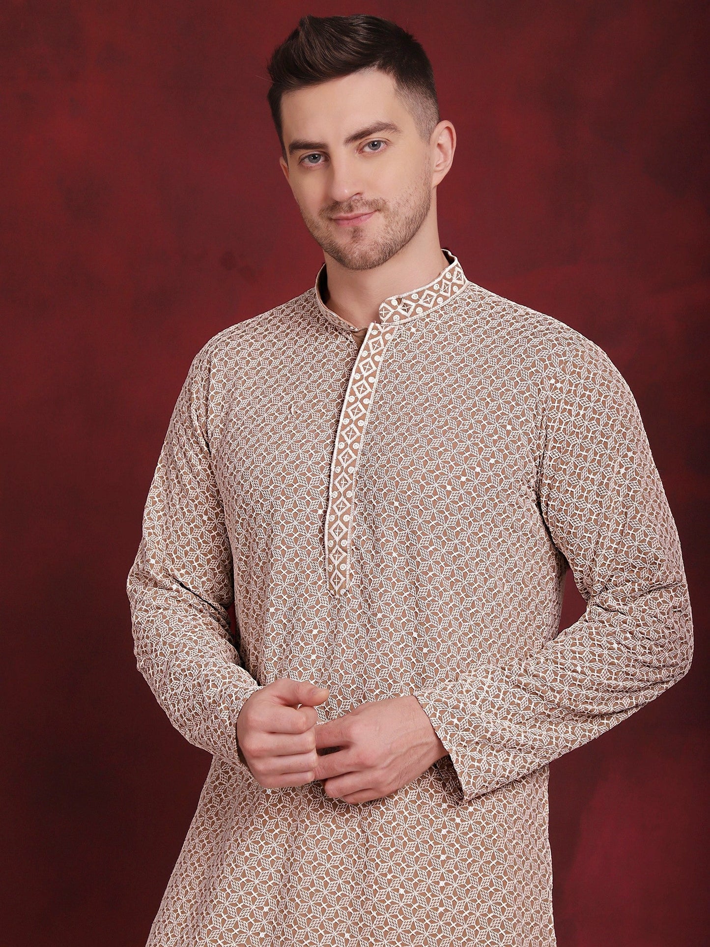 Jompers Men's Sequin Embroidered Pure Cotton Kurta with Pyjamas - Beige