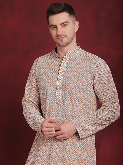 Jompers Men's Sequin Embroidered Pure Cotton Kurta with Pyjamas - Beige