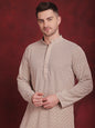 Jompers Men's Sequin Embroidered Pure Cotton Kurta with Pyjamas - Beige