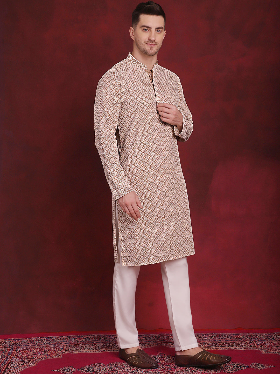 Jompers Men's Sequin Embroidered Pure Cotton Kurta with Pyjamas - Beige