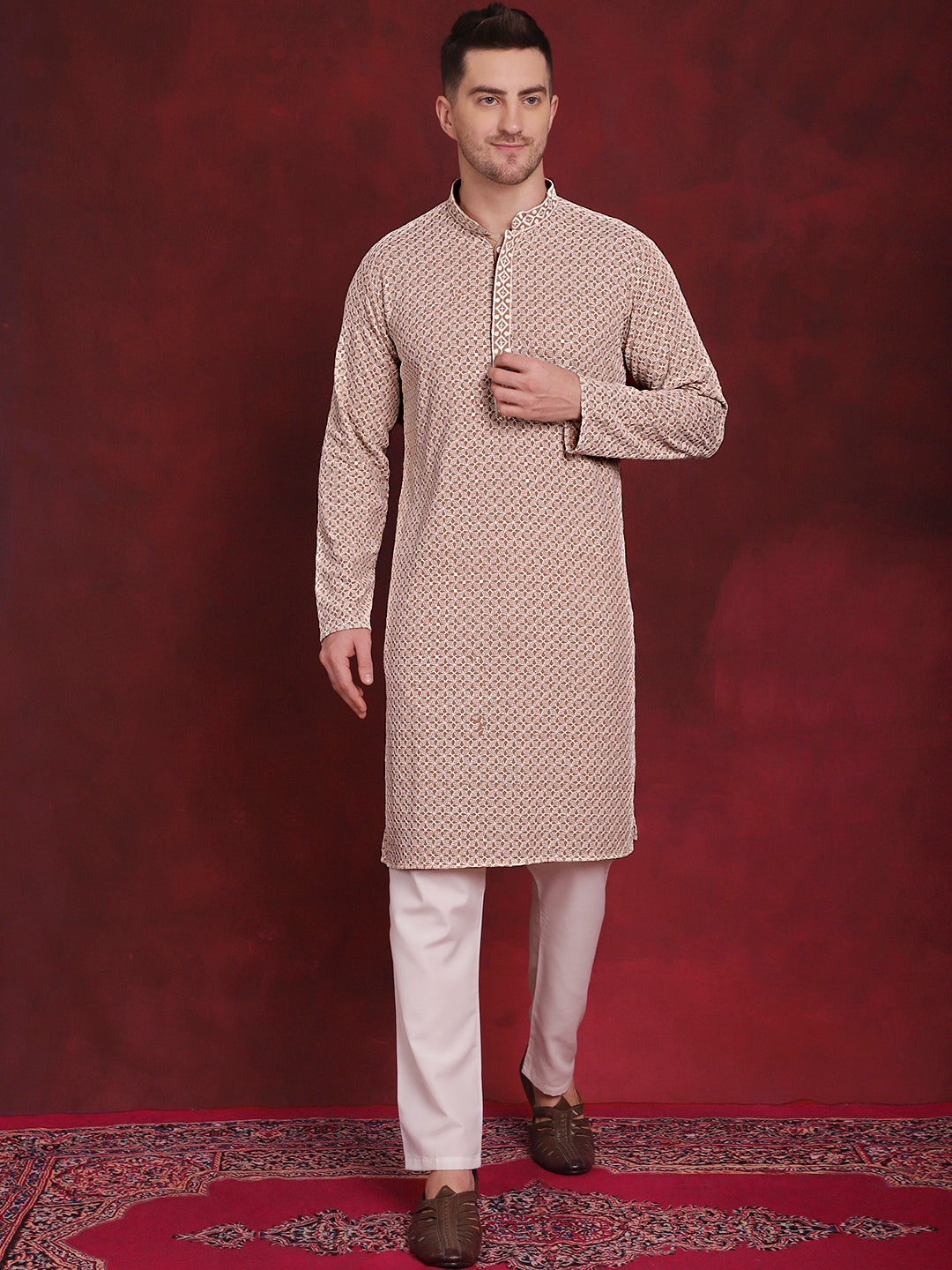 Jompers Men's Sequin Embroidered Pure Cotton Kurta with Pyjamas - Beige