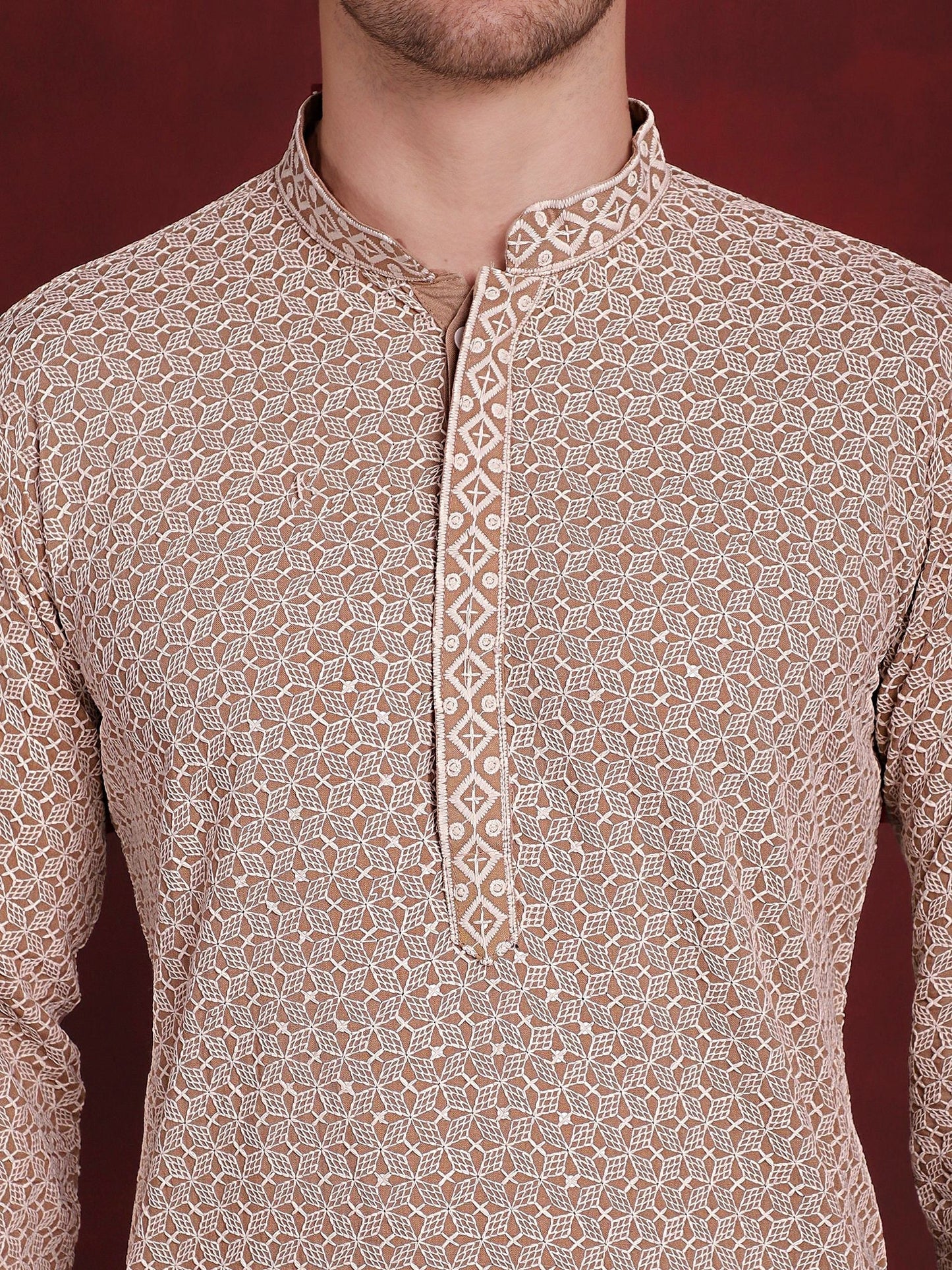 Jompers Men's Sequin Embroidered Pure Cotton Kurta with Pyjamas - Beige