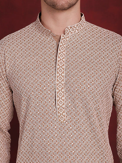 Jompers Men's Sequin Embroidered Pure Cotton Kurta with Pyjamas - Beige