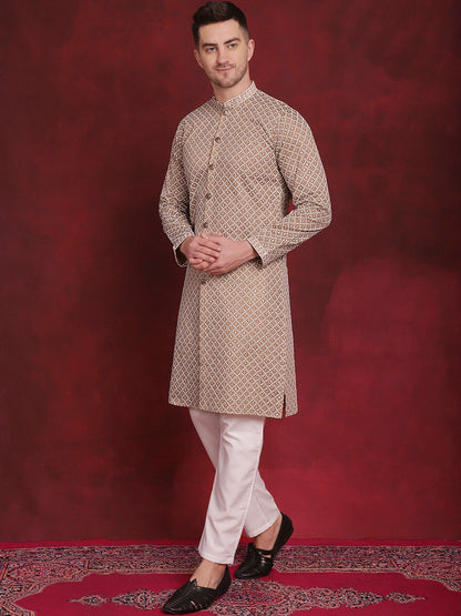 Jompers Men's Sequin Chikankari Front Open Kurta With Pyjamas - Beige