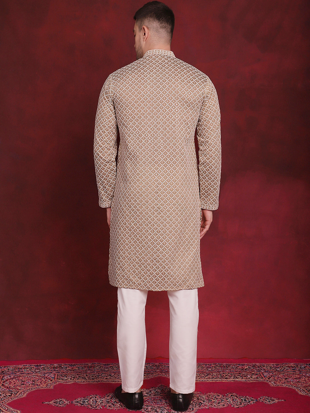 Jompers Men's Sequin Chikankari Front Open Kurta With Pyjamas - Beige
