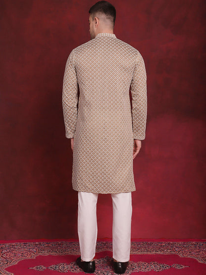 Jompers Men's Sequin Chikankari Front Open Kurta With Pyjamas - Beige