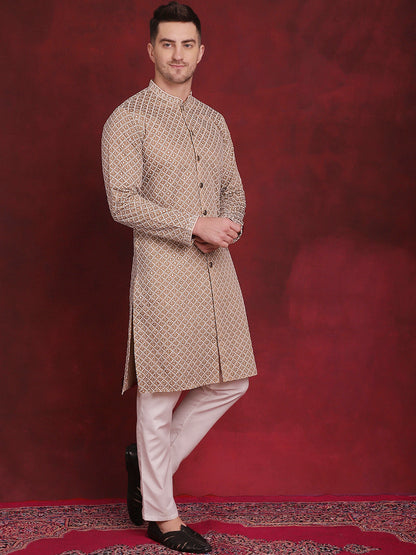 Jompers Men's Sequin Chikankari Front Open Kurta With Pyjamas - Beige