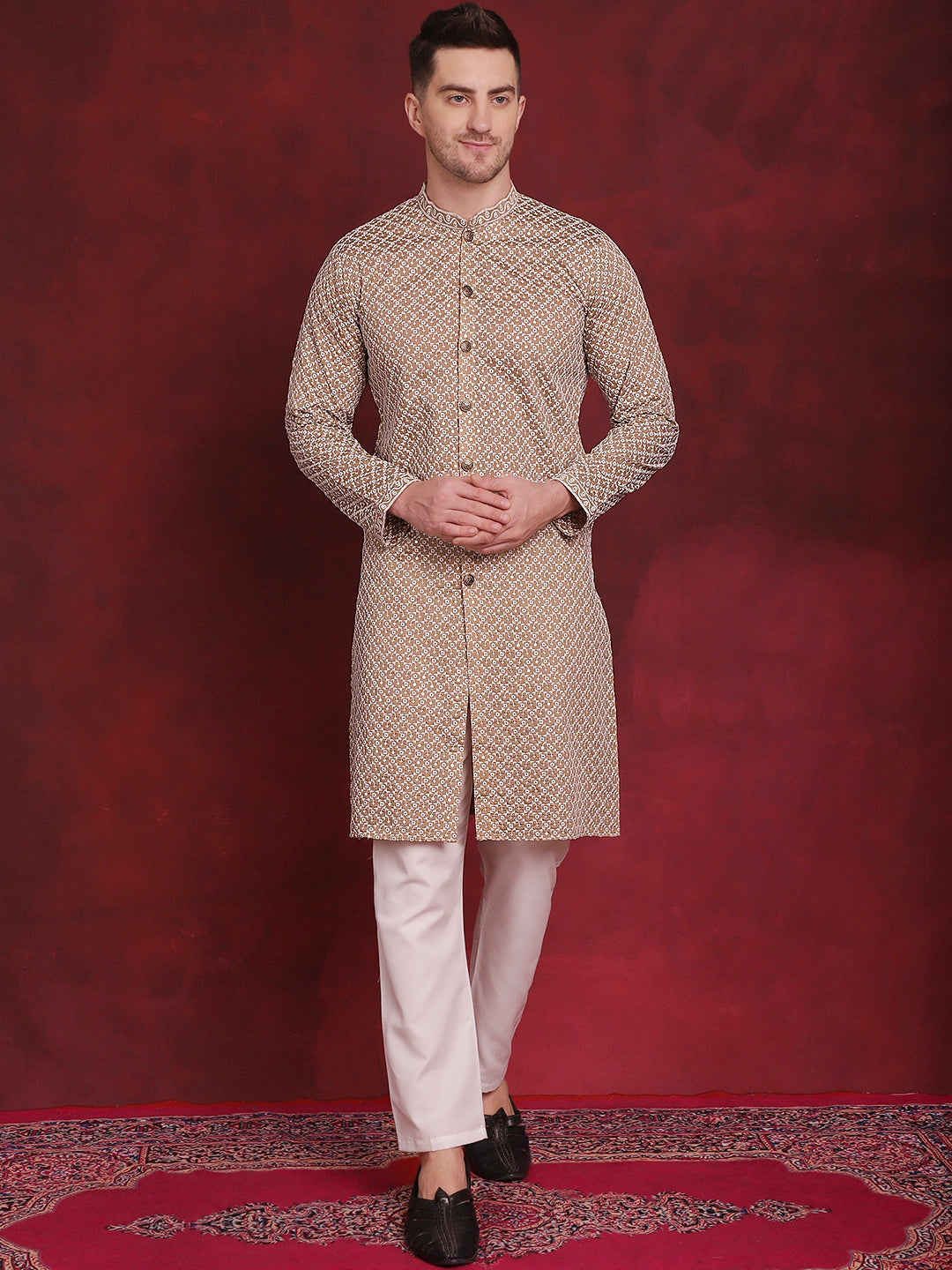 Jompers Men's Sequin Chikankari Front Open Kurta With Pyjamas - Beige