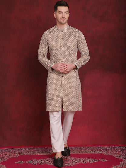 Jompers Men's Sequin Chikankari Front Open Kurta With Pyjamas - Beige