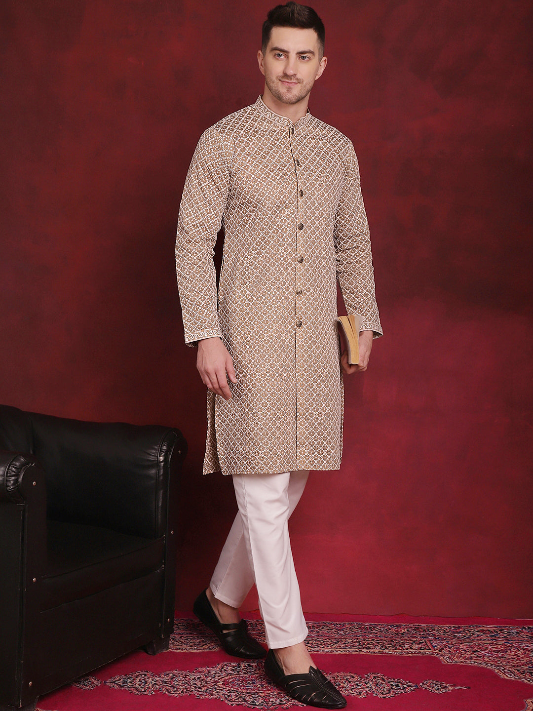 Jompers Men's Sequin Chikankari Front Open Kurta With Pyjamas - Beige