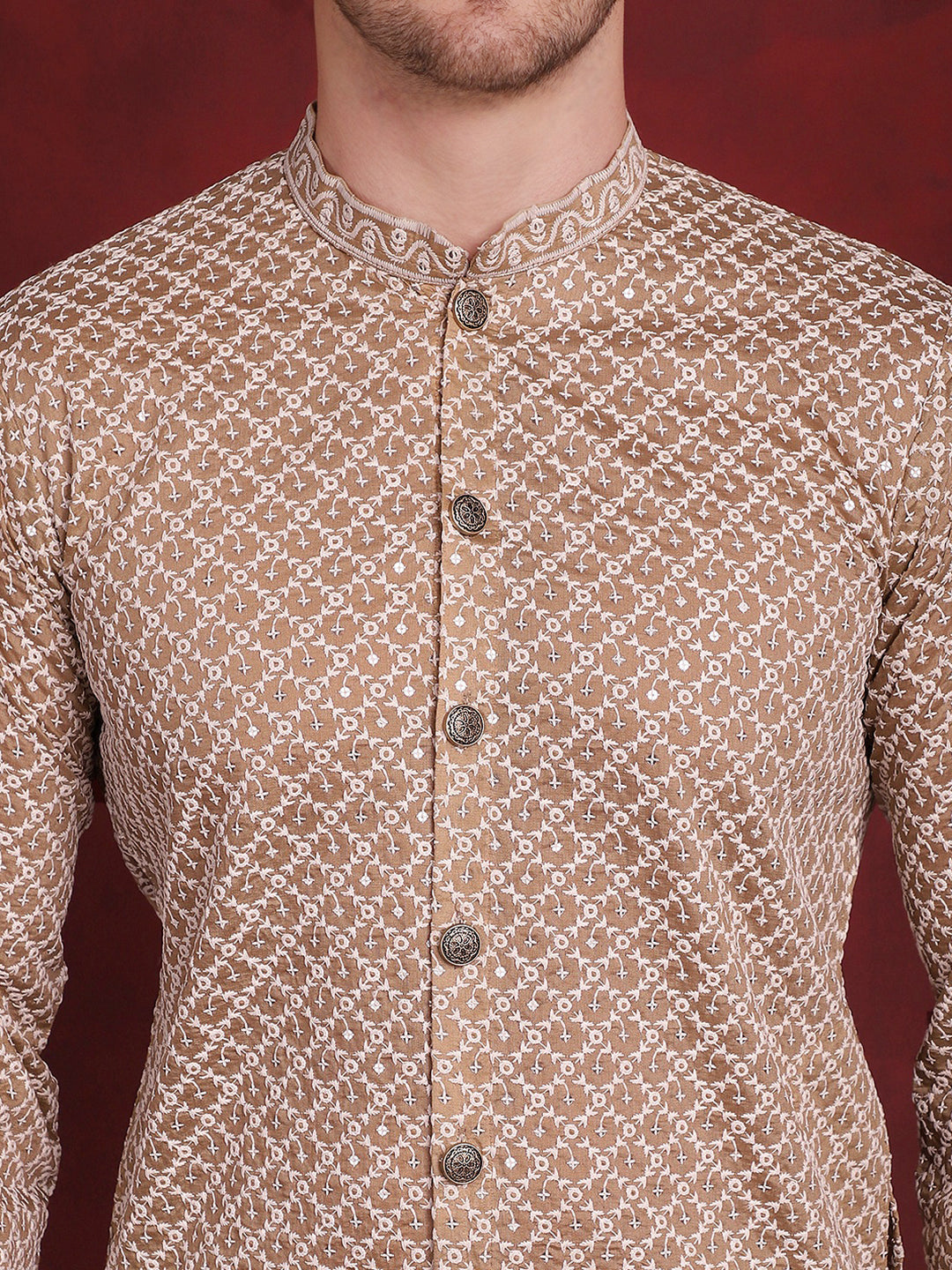 Jompers Men's Sequin Chikankari Front Open Kurta With Pyjamas - Beige