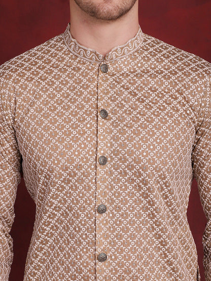 Jompers Men's Sequin Chikankari Front Open Kurta With Pyjamas - Beige