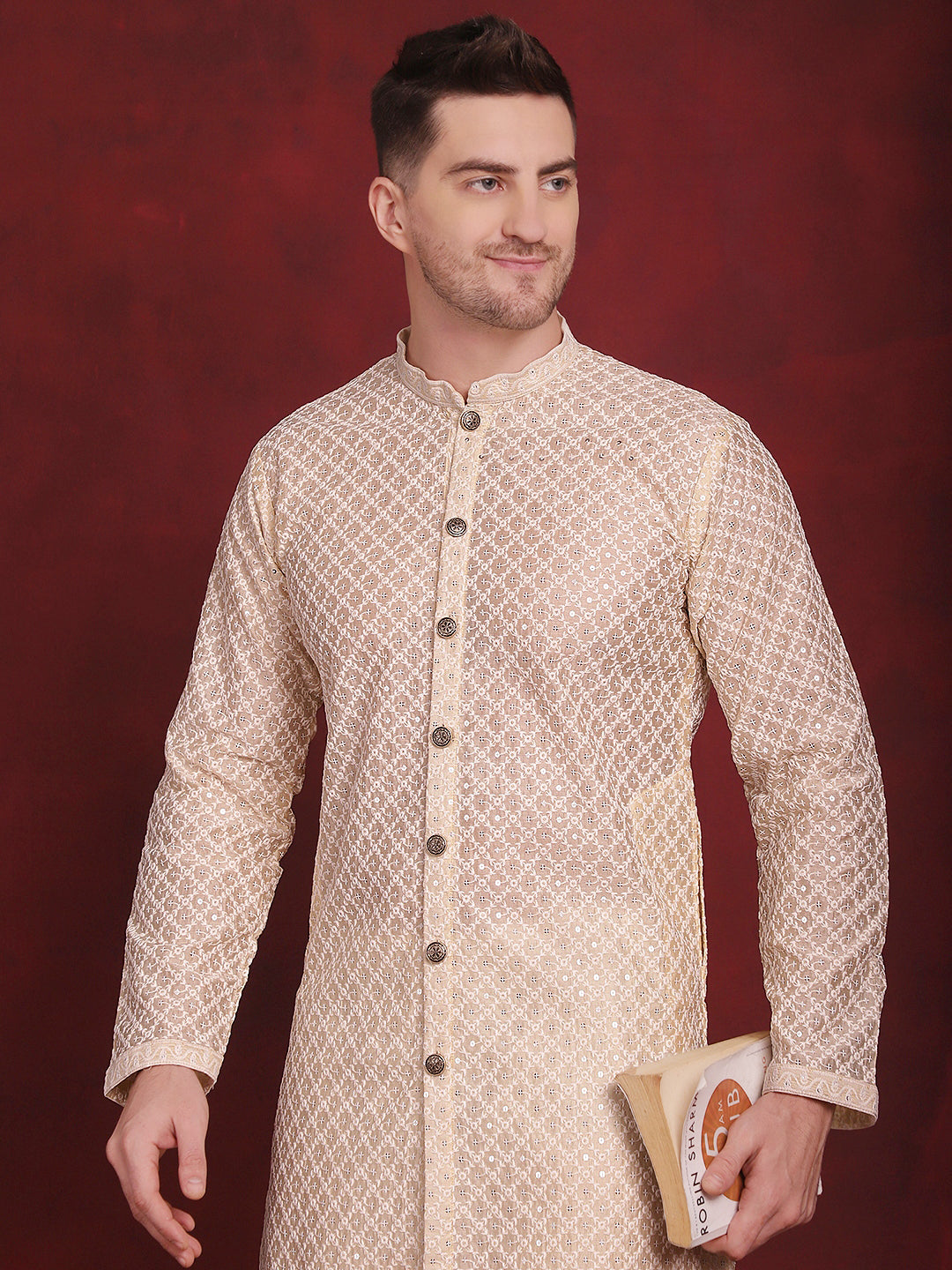 Jompers Men's Sequin Chikankari Front Open Kurta With Pyjamas - Golden
