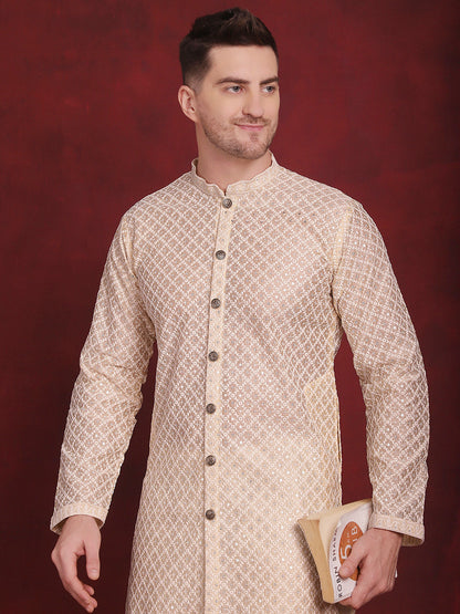 Jompers Men's Sequin Chikankari Front Open Kurta With Pyjamas - Golden