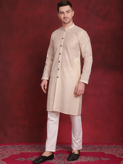 Jompers Men's Sequin Chikankari Front Open Kurta With Pyjamas - Golden