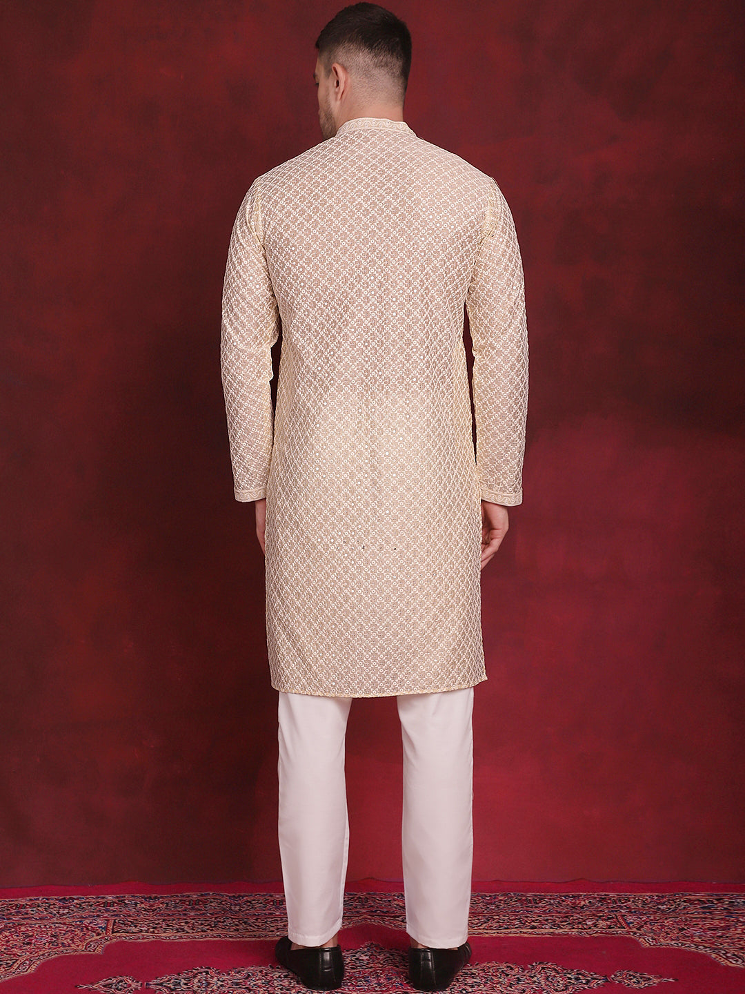 Jompers Men's Sequin Chikankari Front Open Kurta With Pyjamas - Golden
