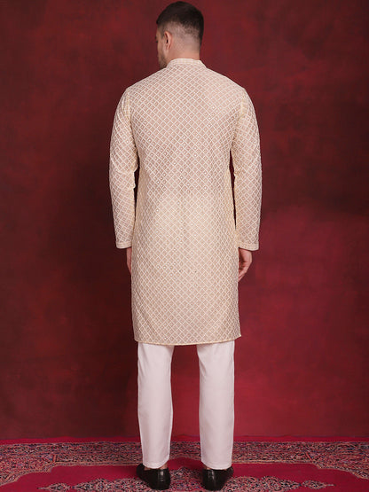 Jompers Men's Sequin Chikankari Front Open Kurta With Pyjamas - Golden