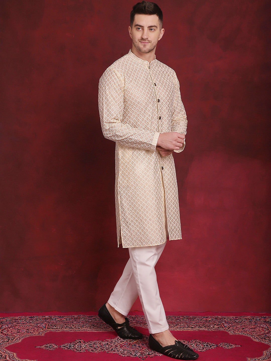 Jompers Men's Sequin Chikankari Front Open Kurta With Pyjamas - Golden