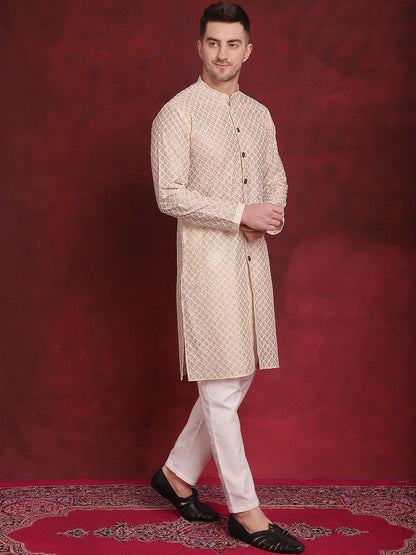 Jompers Men's Sequin Chikankari Front Open Kurta With Pyjamas - Golden