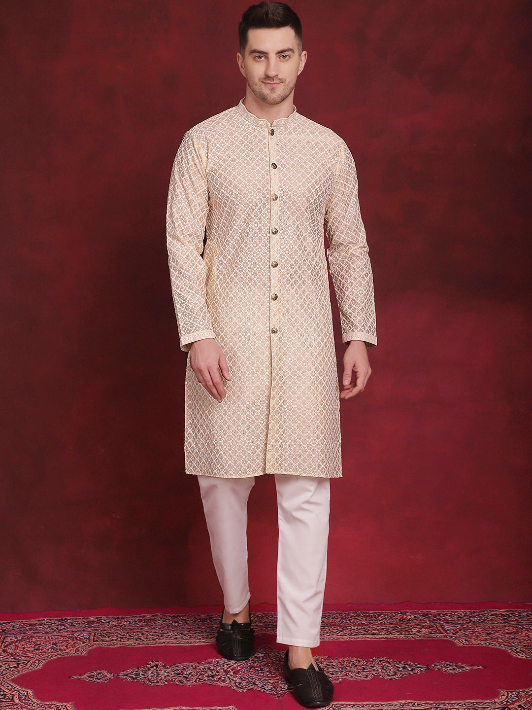 Jompers Men's Sequin Chikankari Front Open Kurta With Pyjamas - Golden