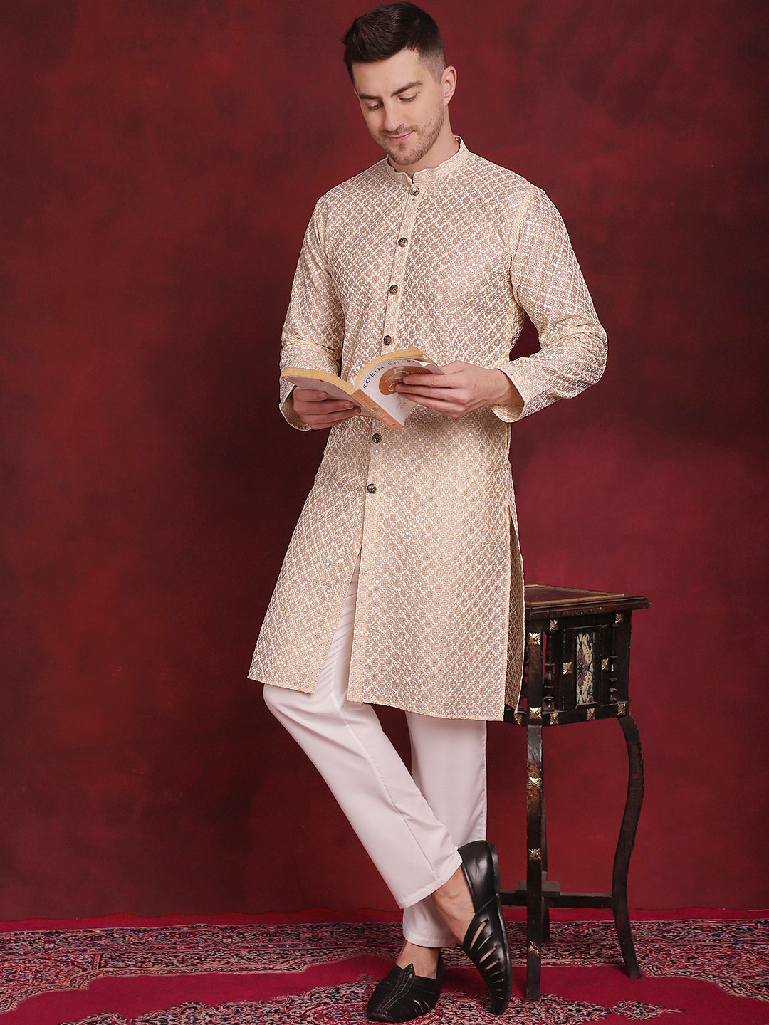 Jompers Men's Sequin Chikankari Front Open Kurta With Pyjamas - Golden