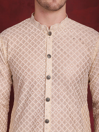 Jompers Men's Sequin Chikankari Front Open Kurta With Pyjamas - Golden