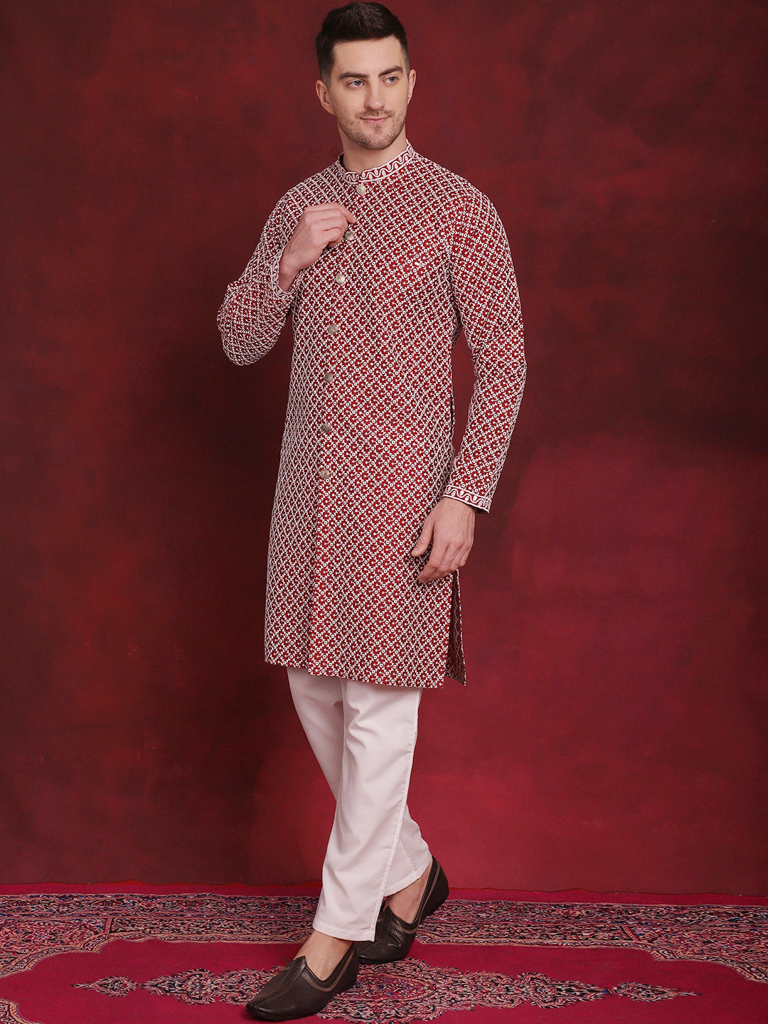 Jompers Men's Sequin Chikankari Front Open Kurta With Pyjamas - Maroon