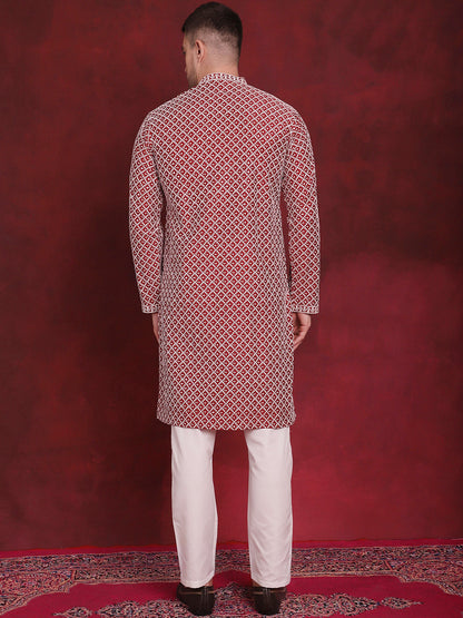 Jompers Men's Sequin Chikankari Front Open Kurta With Pyjamas - Maroon