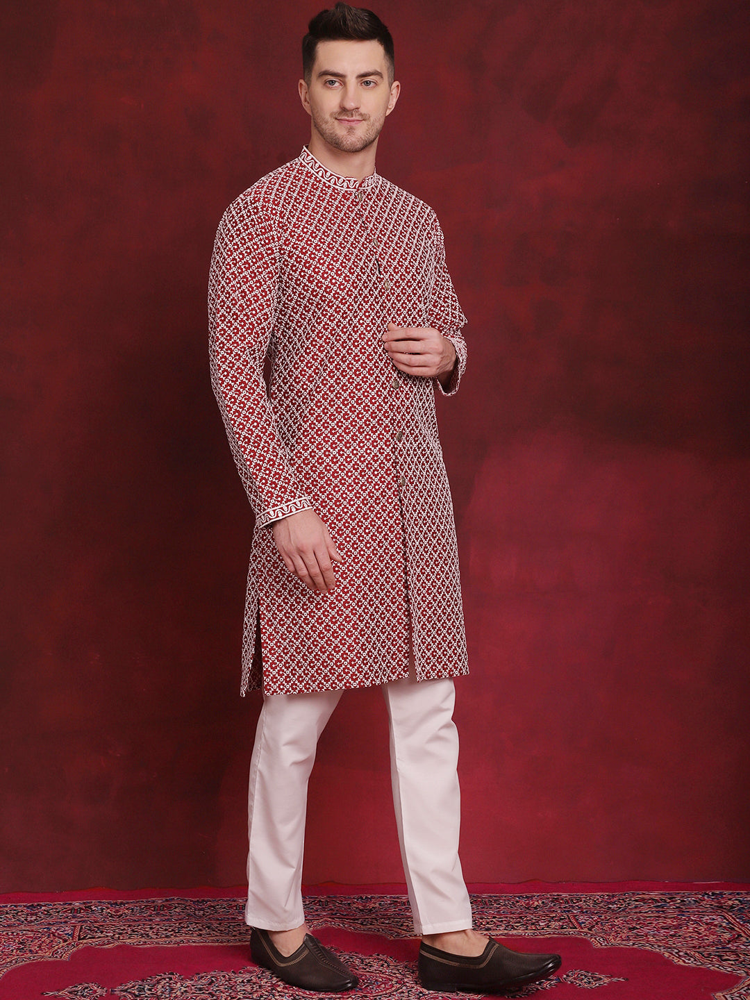 Jompers Men's Sequin Chikankari Front Open Kurta With Pyjamas - Maroon