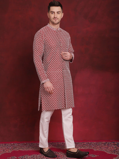 Jompers Men's Sequin Chikankari Front Open Kurta With Pyjamas - Maroon