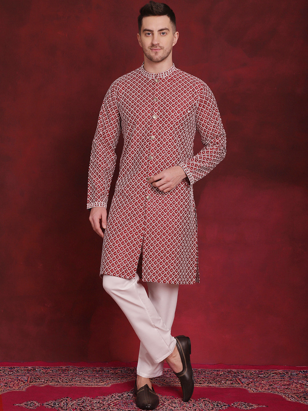 Jompers Men's Sequin Chikankari Front Open Kurta With Pyjamas - Maroon