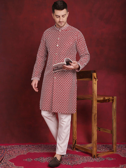 Jompers Men's Sequin Chikankari Front Open Kurta With Pyjamas - Maroon