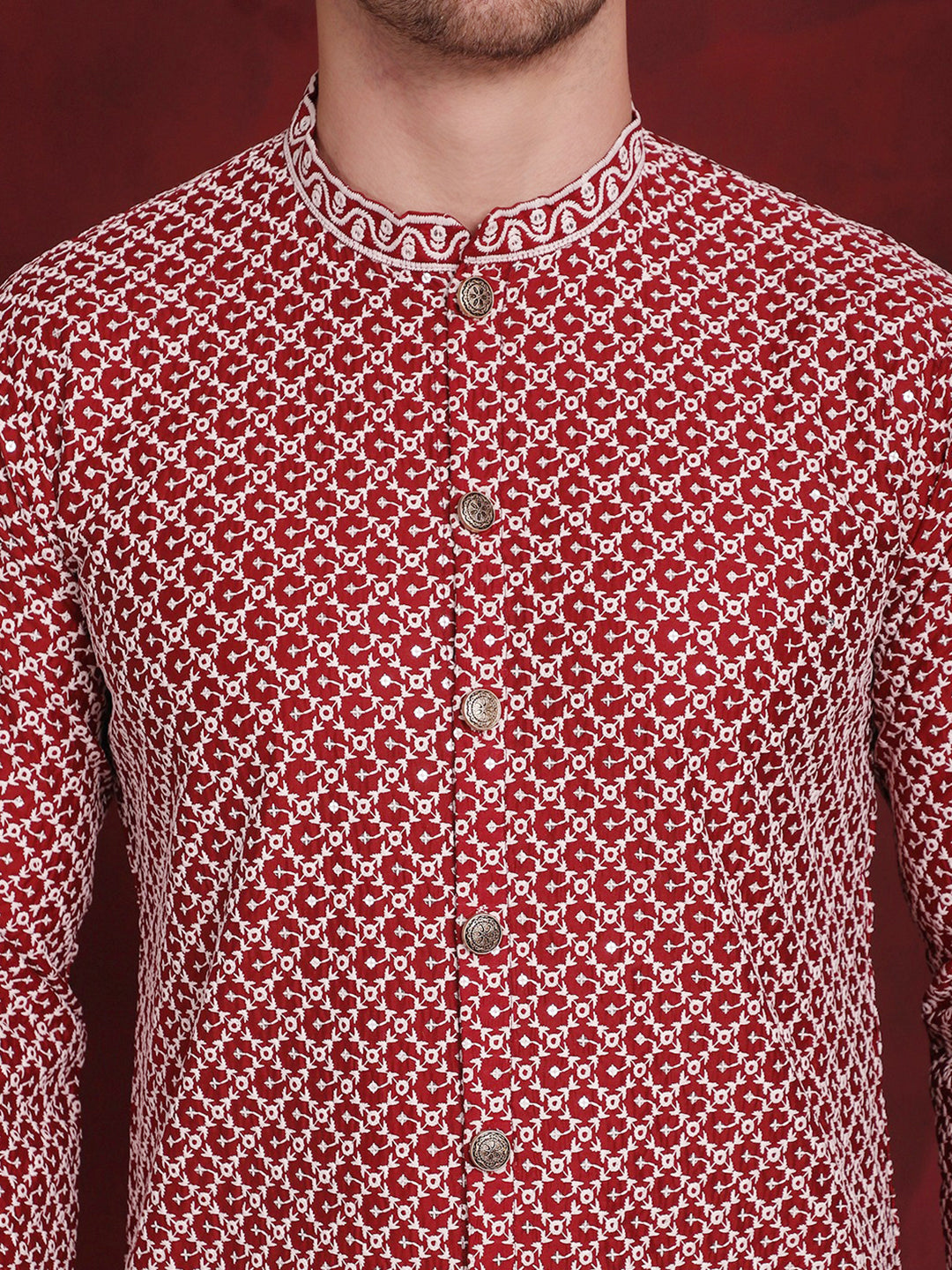 Jompers Men's Sequin Chikankari Front Open Kurta With Pyjamas - Maroon
