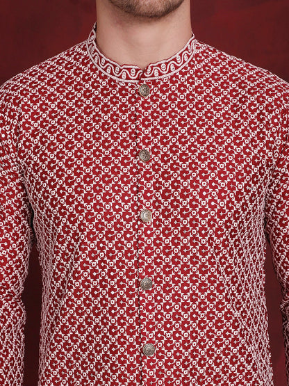 Jompers Men's Sequin Chikankari Front Open Kurta With Pyjamas - Maroon