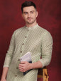 Jompers Men's Sequin Chikankari Front Open Kurta With Pyjamas - Pista