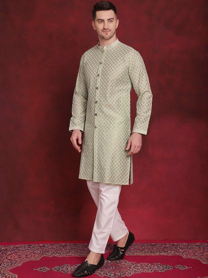 Jompers Men's Sequin Chikankari Front Open Kurta With Pyjamas - Pista