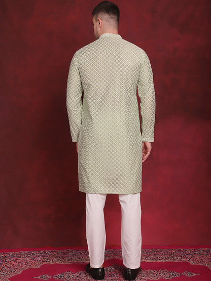 Jompers Men's Sequin Chikankari Front Open Kurta With Pyjamas - Pista