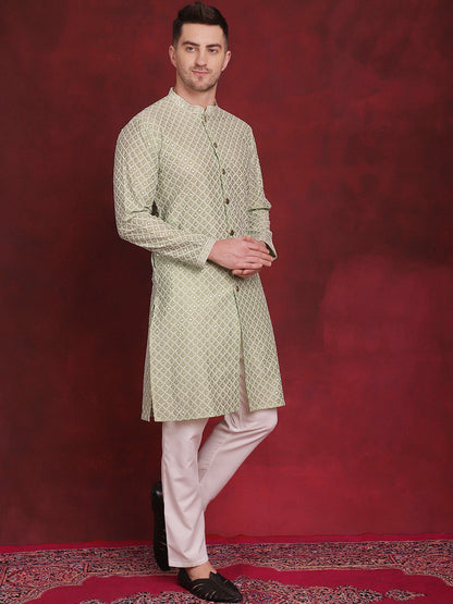 Jompers Men's Sequin Chikankari Front Open Kurta With Pyjamas - Pista