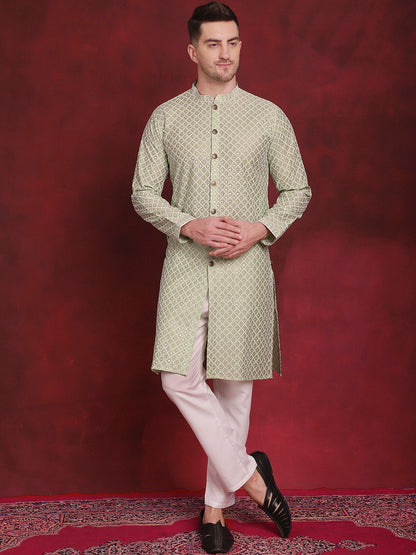 Jompers Men's Sequin Chikankari Front Open Kurta With Pyjamas - Pista