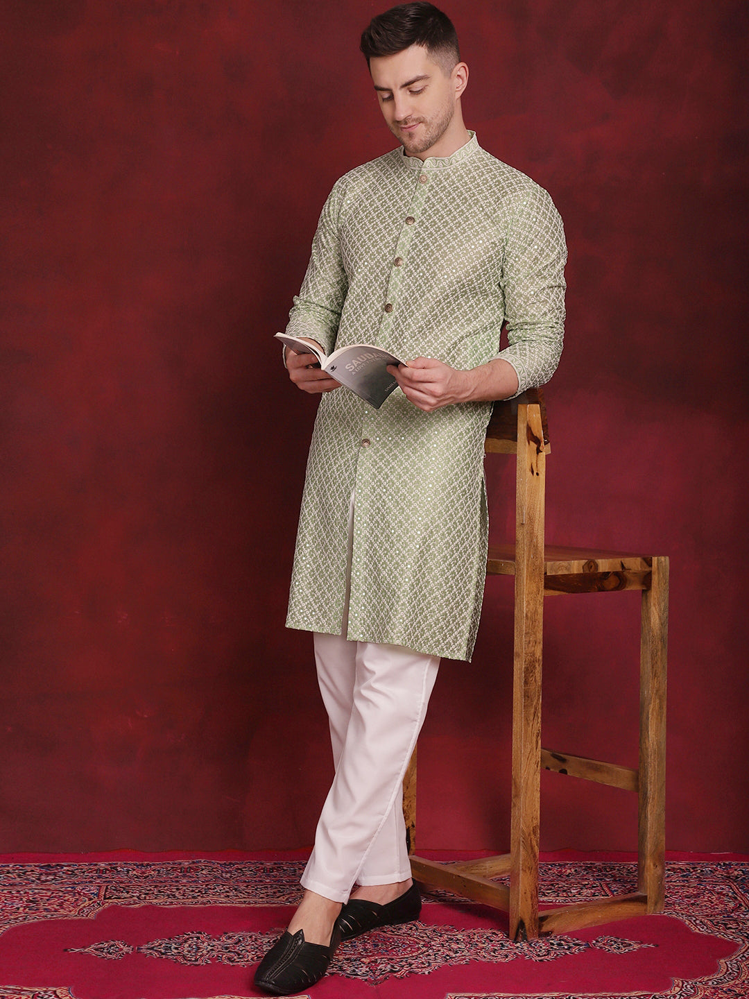 Jompers Men's Sequin Chikankari Front Open Kurta With Pyjamas - Pista