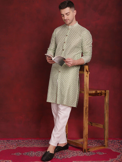 Jompers Men's Sequin Chikankari Front Open Kurta With Pyjamas - Pista