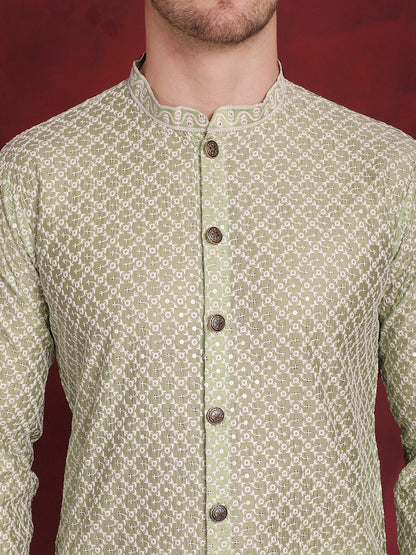 Jompers Men's Sequin Chikankari Front Open Kurta With Pyjamas - Pista