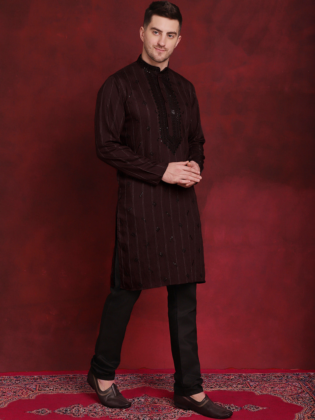 Jompers Men's Sequins Embroidered Kurta Pyjama Set - B-Maroon